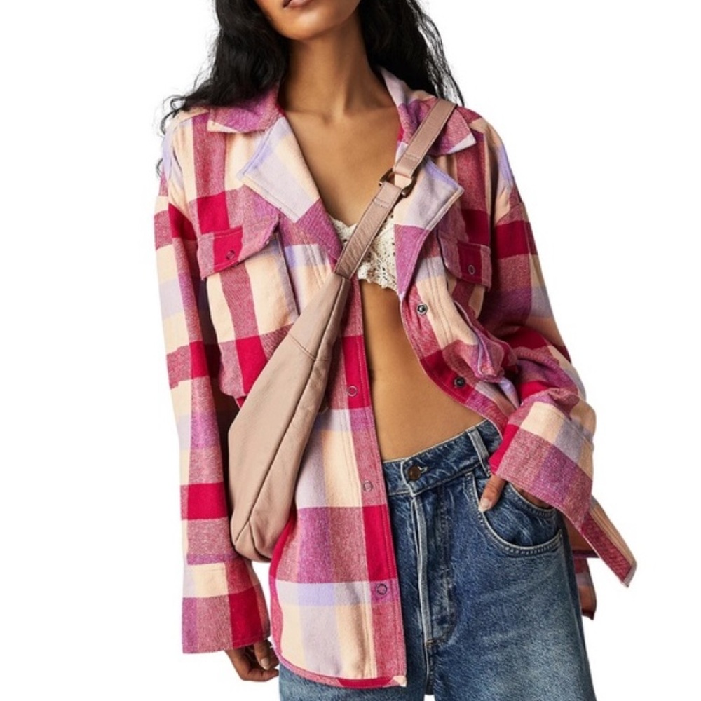 Free People We The Free Izzie Button Up Oversized Shirt Pink Plaid Medium - Picture 2 of 12